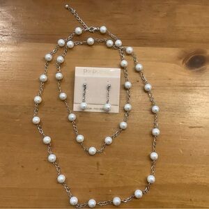 36” Silver and White Pearl Necklace and Earring Set